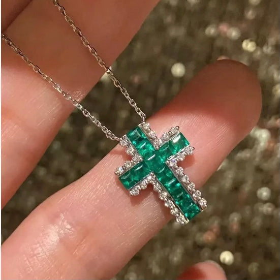 ANSTER Jewelry Custom Cross White Gold Jewelry Lab Grown Emerald Pendant Necklace with GRC