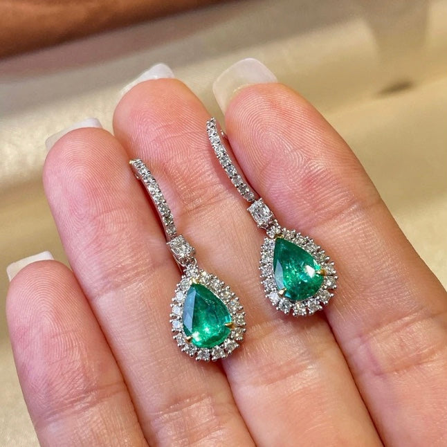 ANSTER Jewelry Custom 18K White Gold Pear cut Lab Grown Emerald Earrings with GIA