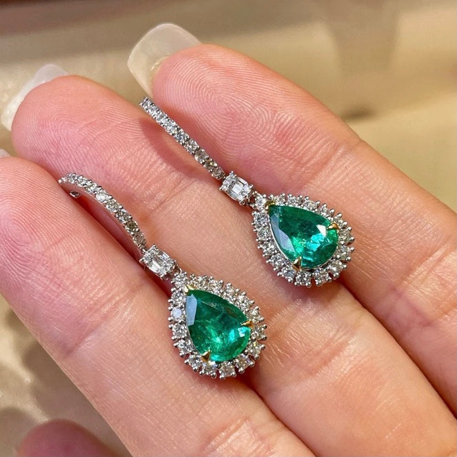 ANSTER Jewelry Custom 18K White Gold Pear cut Lab Grown Emerald Earrings with GIA