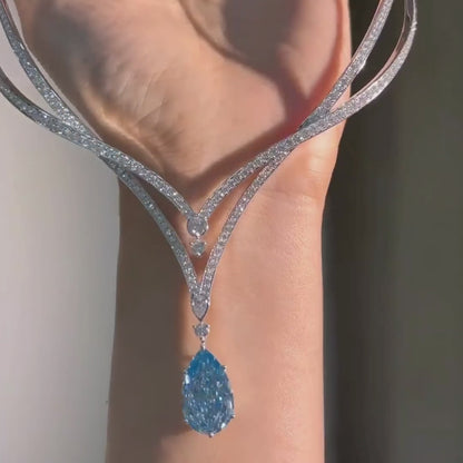 ANSTER 18K Gold Jewelry 10ct Pear Cut Fancy Blue Lab Grown Diamond Necklace with IGI