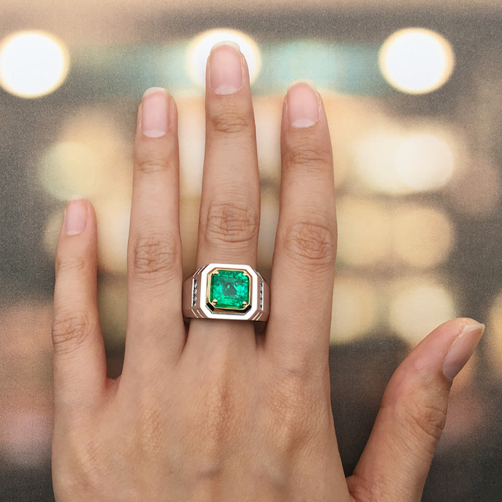 ANSTER JEWELRY 2.37 CTW Asscher Lab Grown Emerald 18K Gold Ring plated Men Ring