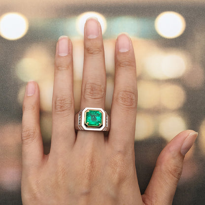 ANSTER JEWELRY 2.37 CTW Asscher Lab Grown Emerald 18K Gold Ring plated Men Ring