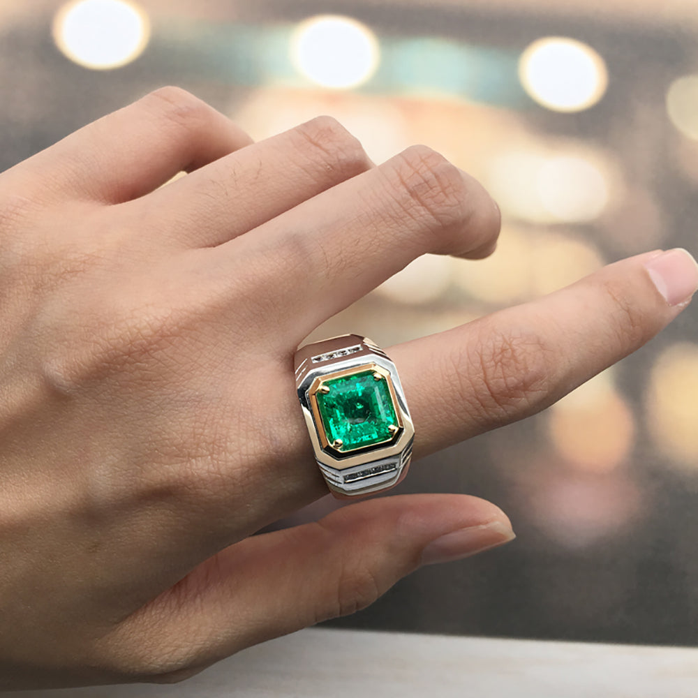 ANSTER JEWELRY 2.37 CTW Asscher Lab Grown Emerald 18K Gold Ring plated Men Ring