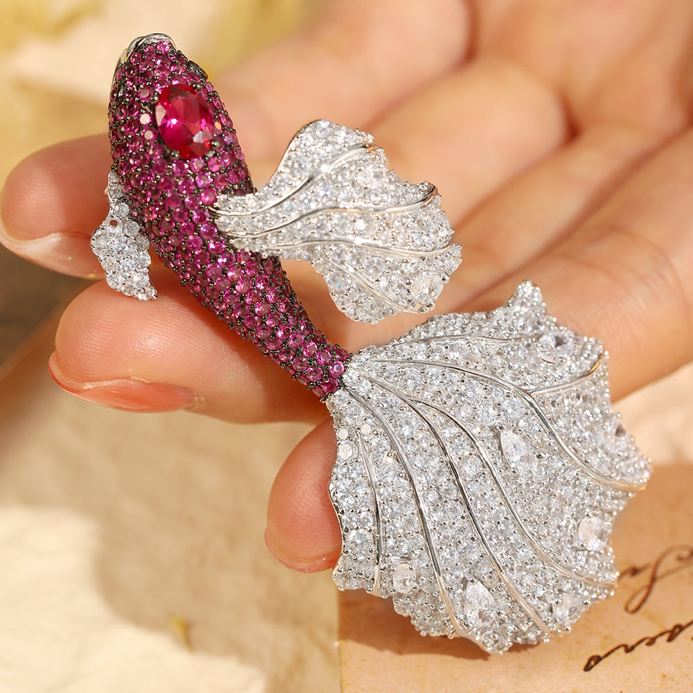 ANSTERGEMS Fish Shape Gemstone 925 Silver Brooch