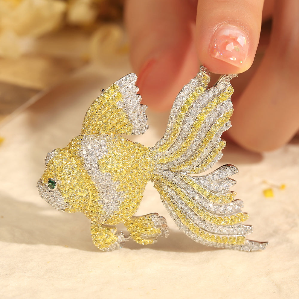 ANSTERGEMS Goldfish Shape Gemstone 925 Silver Brooch
