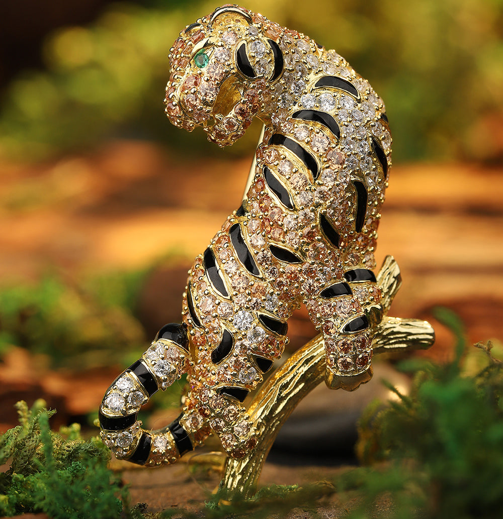 ANSTERGEMS Tiger Gemstone 925 Silver Brooch