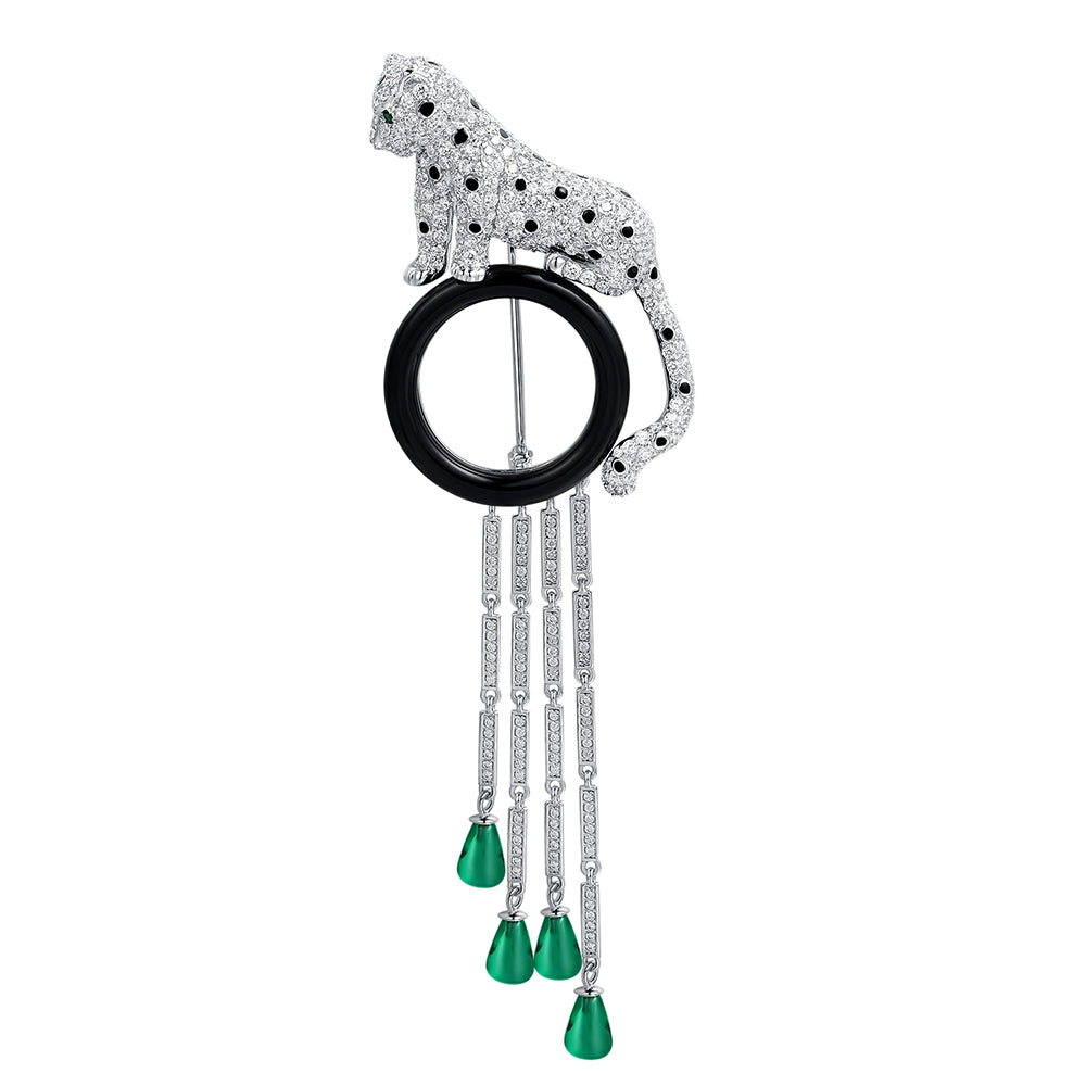 ANSTERGEMS Leopard Gemstone 925 Silver Brooch with Tassels