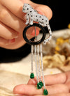 ANSTER JEWELRY Leopard Gemstone 18K Gold Brooch with Tassels