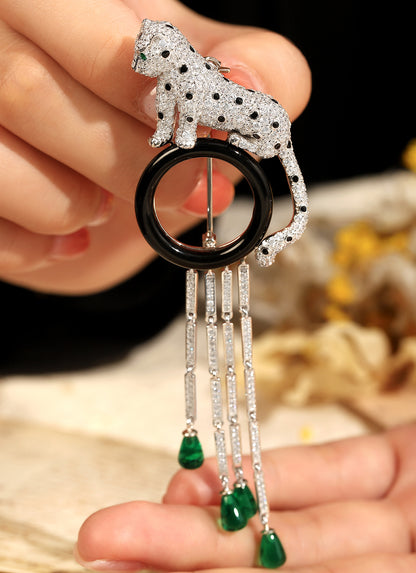 ANSTERGEMS Leopard Gemstone 925 Silver Brooch with Tassels