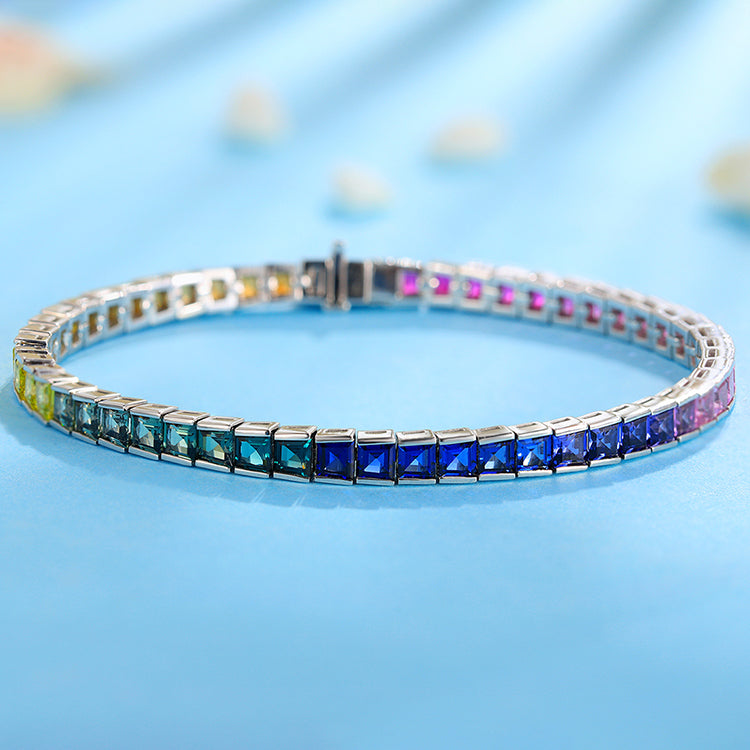 ANSTER JEWELRY Rainbow Gemstone Tennis Chain 925 Silver Lab Grown Bracelet