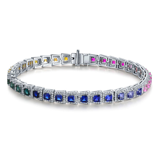 Pulseira de tênis com pedra preciosa de arco-íris Halo de fileira única, cultivada em laboratório