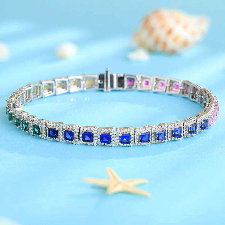 ANSTER JEWELRY Single Row Halo Rainbow Gemstone Tennis 925 Silver Lab Grown Bracelet