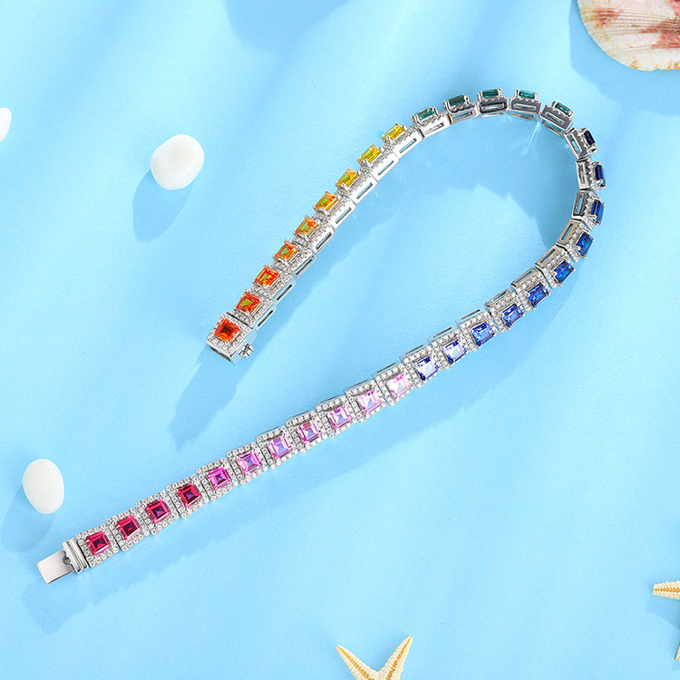 ANSTER JEWELRY Single Row Halo Rainbow Gemstone Tennis 925 Silver Lab Grown Bracelet