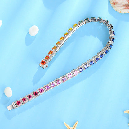 ANSTER JEWELRY Single Row Halo Rainbow Gemstone Tennis 925 Silver Lab Grown Bracelet