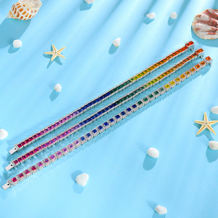ANSTER JEWELRY Single Row Halo Rainbow Gemstone Tennis 925 Silver Lab Grown Bracelet