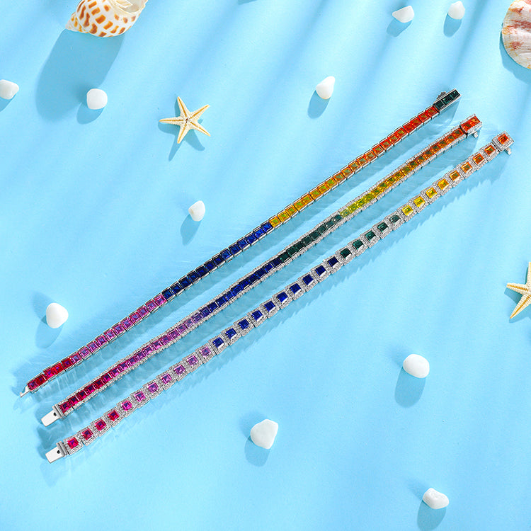 ANSTER JEWELRY Single Row Halo Rainbow Gemstone Tennis 925 Silver Lab Grown Bracelet