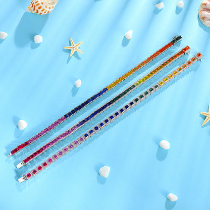 ANSTER JEWELRY Single Row Halo Rainbow Gemstone Tennis 925 Silver Lab Grown Bracelet
