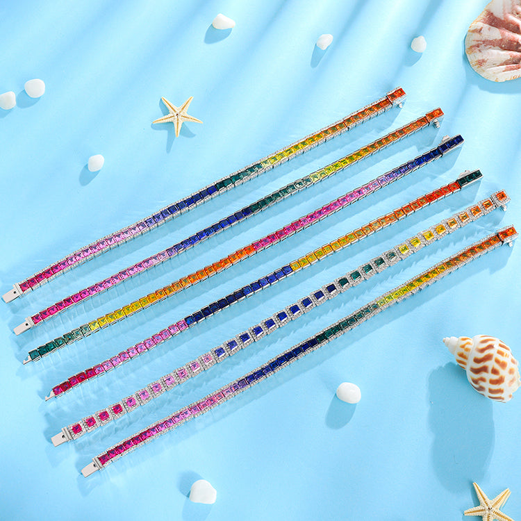 ANSTER JEWELRY Single Row Halo Rainbow Gemstone Tennis 925 Silver Lab Grown Bracelet
