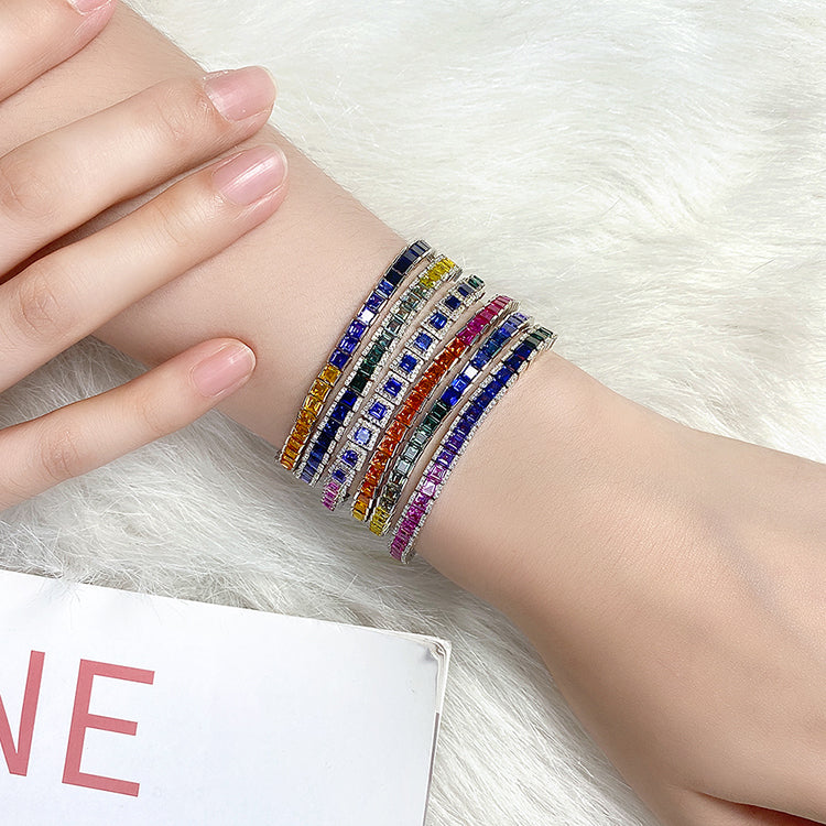 ANSTER JEWELRY Single Row Halo Rainbow Gemstone Tennis 925 Silver Lab Grown Bracelet
