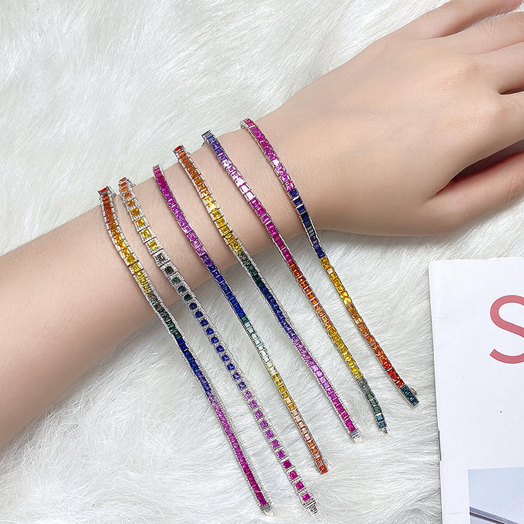 ANSTER JEWELRY Single Row Halo Rainbow Gemstone Tennis 925 Silver Lab Grown Bracelet