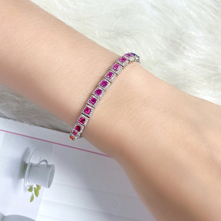 ANSTER JEWELRY Single Row Halo Rainbow Gemstone Tennis 925 Silver Lab Grown Bracelet
