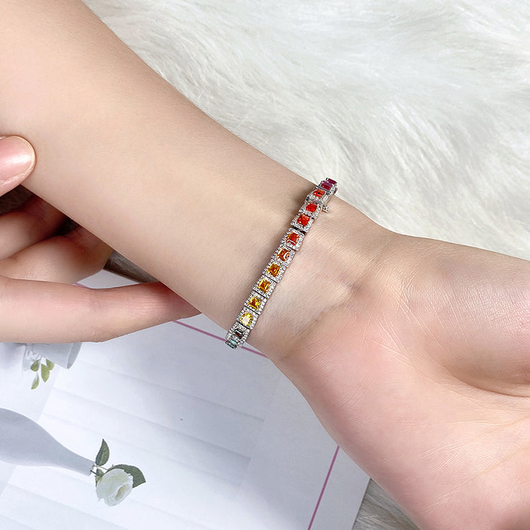 ANSTER JEWELRY Single Row Halo Rainbow Gemstone Tennis 925 Silver Lab Grown Bracelet