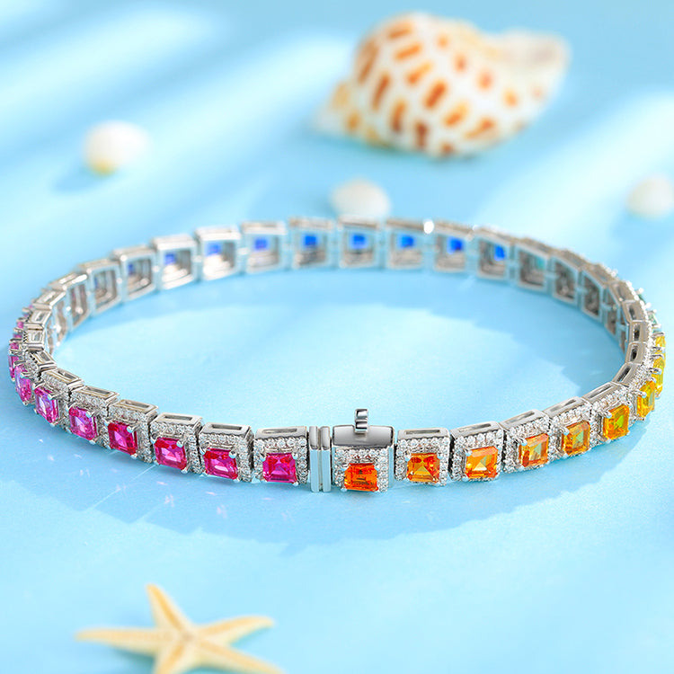 ANSTER JEWELRY Single Row Halo Rainbow Gemstone Tennis 925 Silver Lab Grown Bracelet