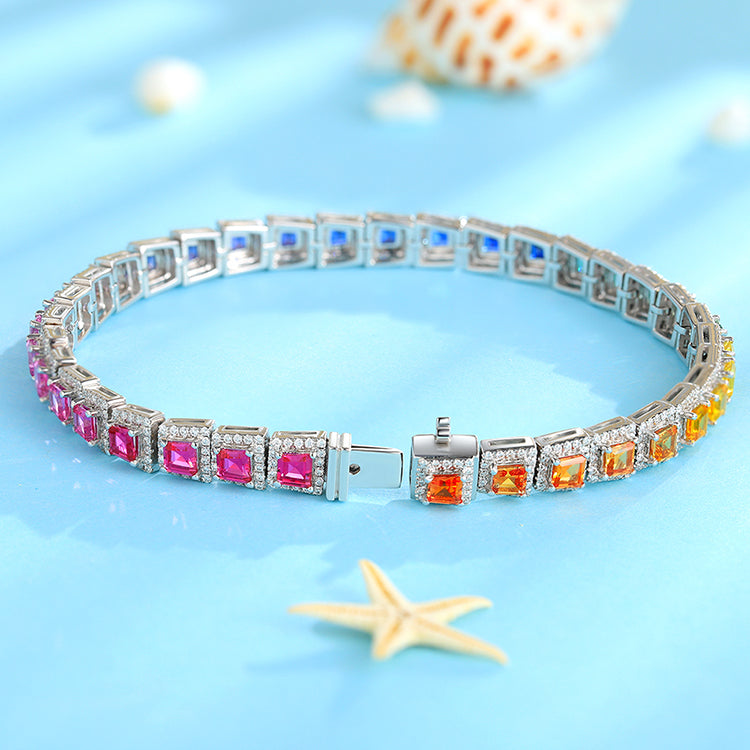 ANSTER JEWELRY Single Row Halo Rainbow Gemstone Tennis 925 Silver Lab Grown Bracelet