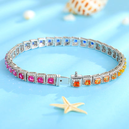 ANSTER JEWELRY Single Row Halo Rainbow Gemstone Tennis 925 Silver Lab Grown Bracelet