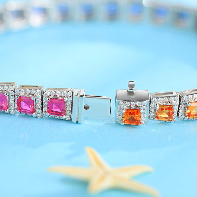 ANSTER JEWELRY Single Row Halo Rainbow Gemstone Tennis 925 Silver Lab Grown Bracelet