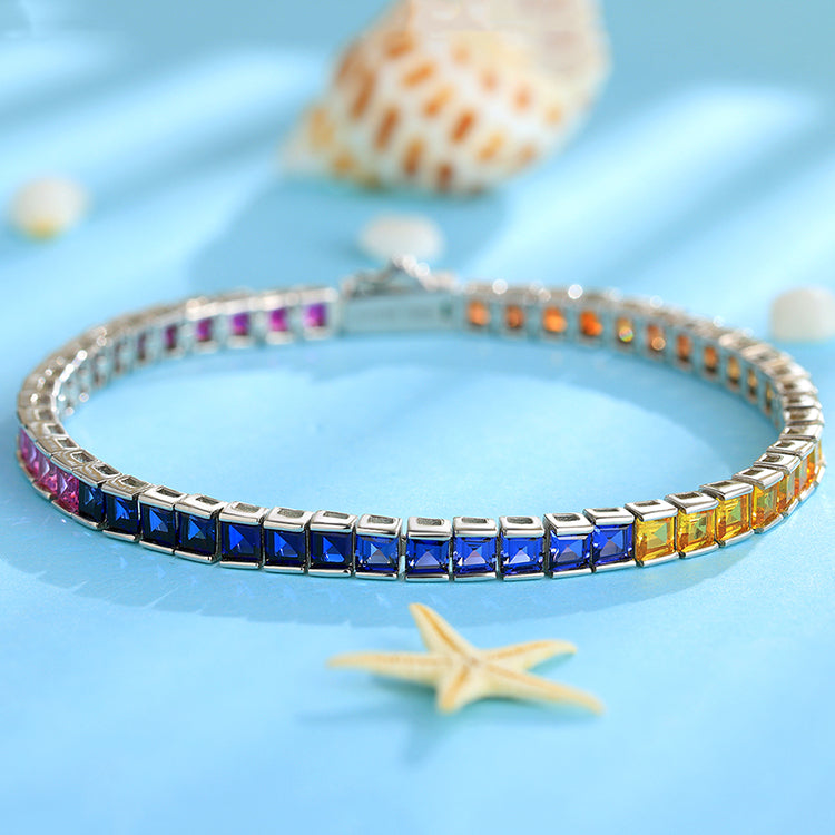 ANSTER JEWELRY Rainbow Gemstone Tennis 925 Silver Lab Grown Bracelet for Women