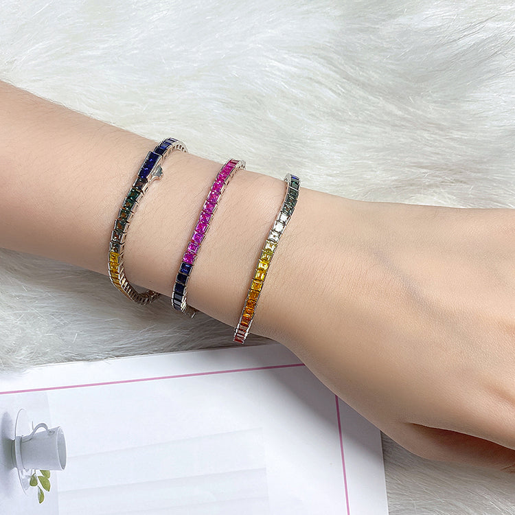 ANSTER JEWELRY Rainbow Gemstone Tennis 925 Silver Lab Grown Bracelet for Women