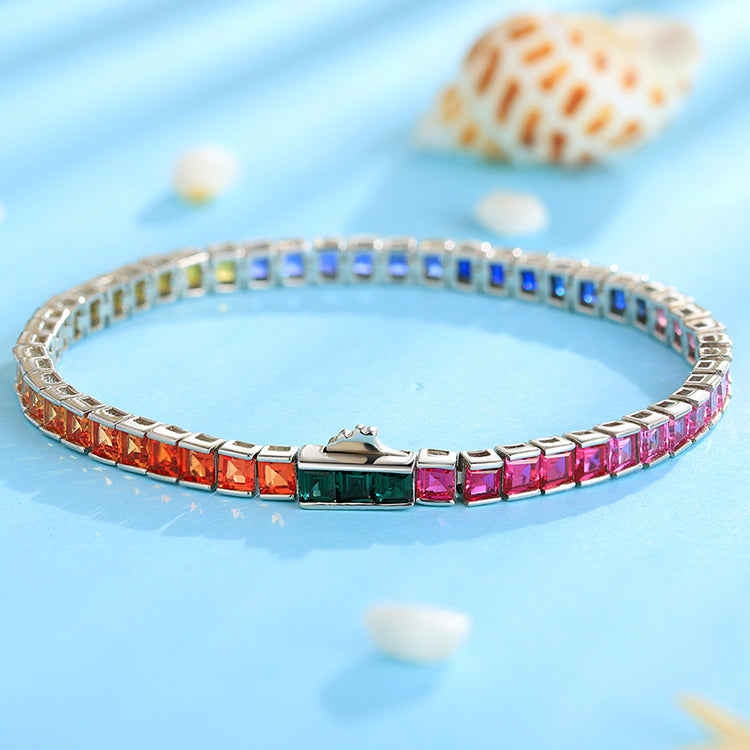 ANSTER JEWELRY Rainbow Gemstone Tennis 925 Silver Lab Grown Bracelet for Women