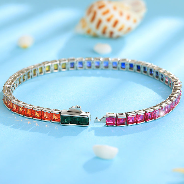 ANSTER JEWELRY Rainbow Gemstone Tennis 925 Silver Lab Grown Bracelet for Women