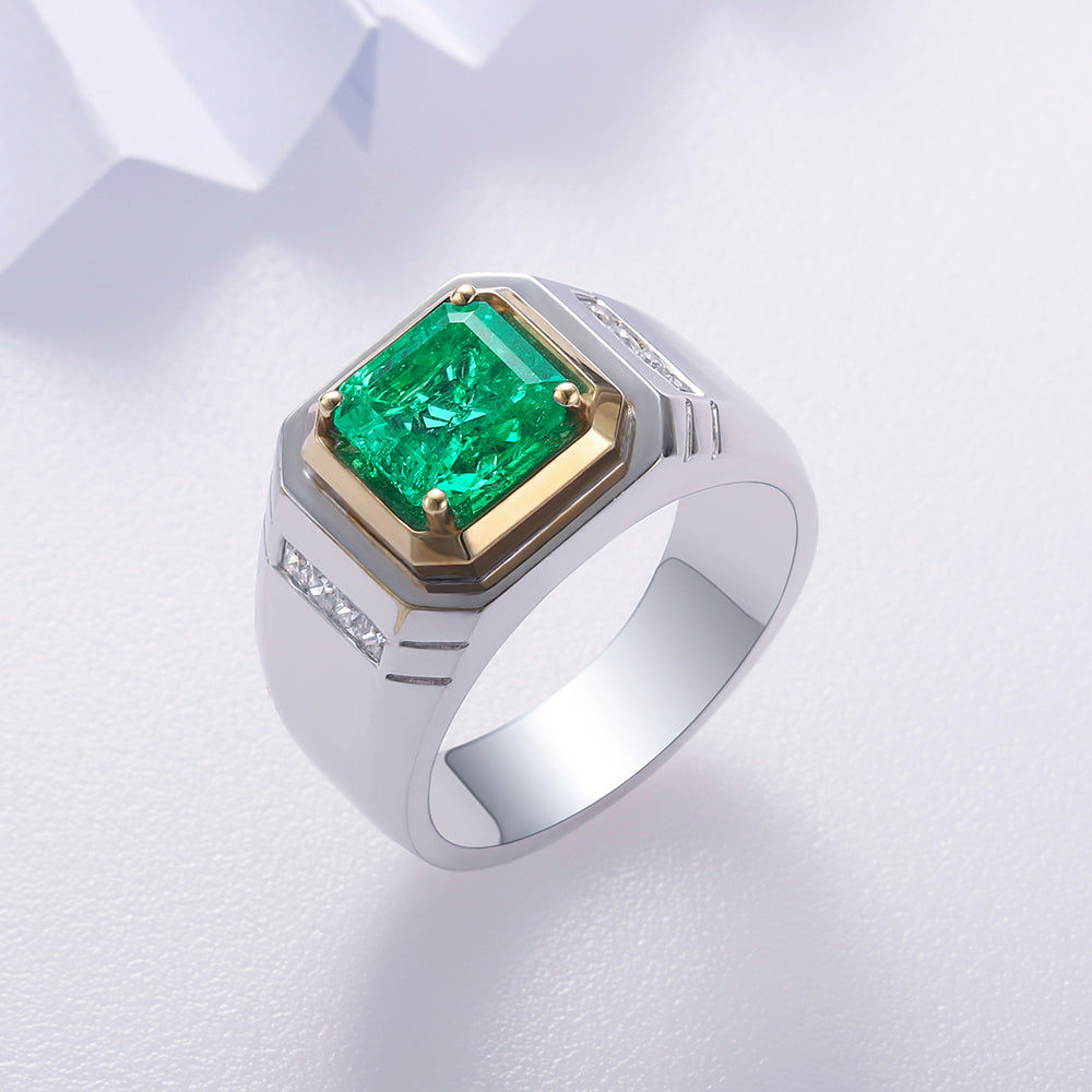 ANSTER JEWELRY 2.37 CTW Asscher Lab Grown Emerald 18K Gold Ring plated Men Ring