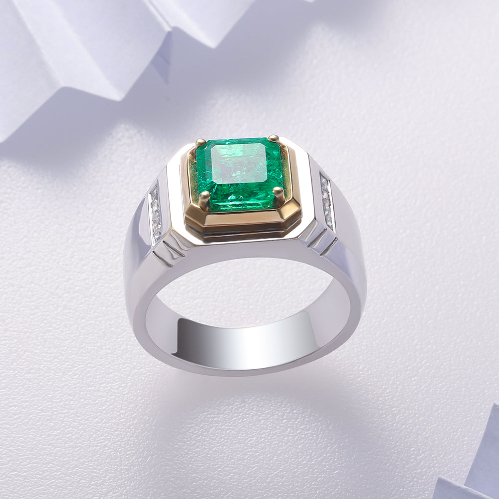 ANSTER JEWELRY 2.37 CTW Asscher Lab Grown Emerald 18K Gold Ring plated Men Ring