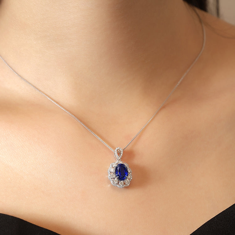 ANSTER JEWELRY 2.65 CTW Oval Lab Grown Sapphire 925 Silver Necklace plated