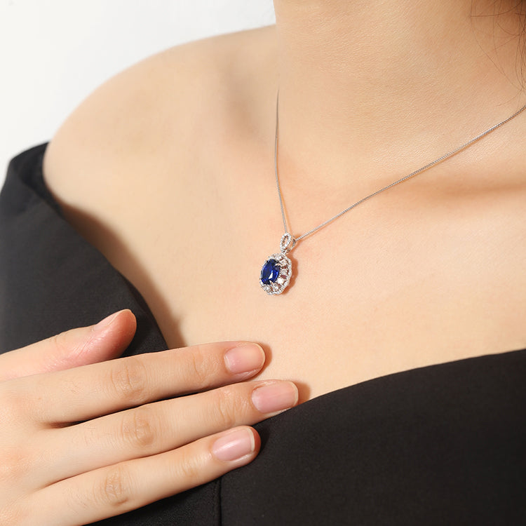 ANSTER JEWELRY 2.65 CTW Oval Lab Grown Sapphire 925 Silver Necklace plated