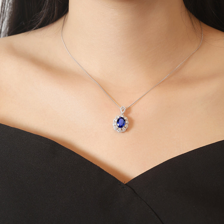 ANSTER JEWELRY 2.65 CTW Oval Lab Grown Sapphire 925 Silver Necklace plated