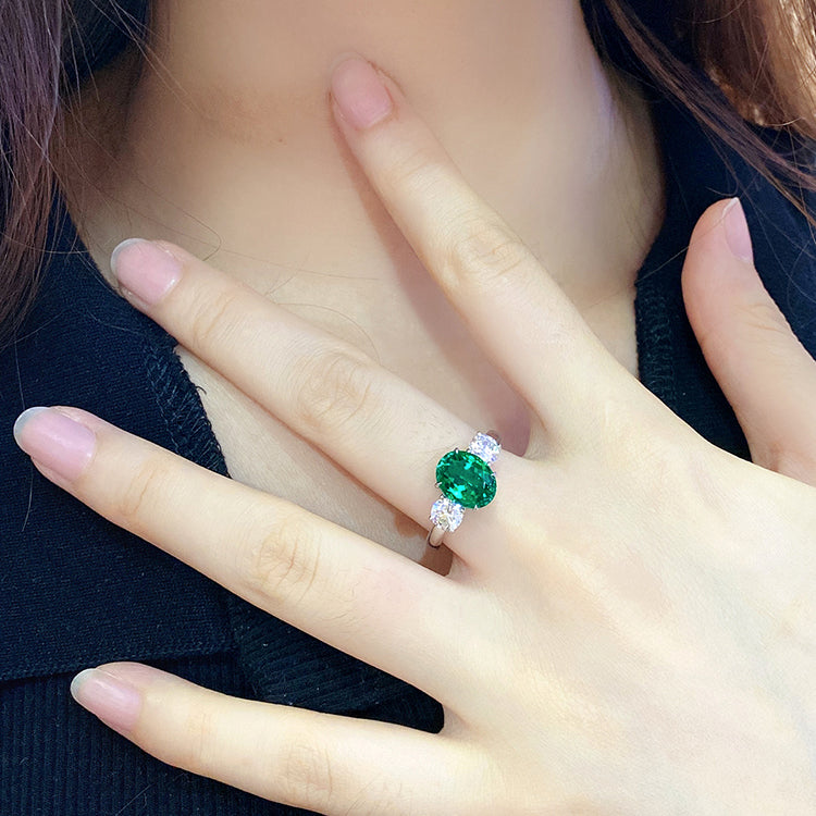 ANSTER JEWELRY 2.2 CTW Oval Lab Grown Emerald 925 18K Gold Ring plated
