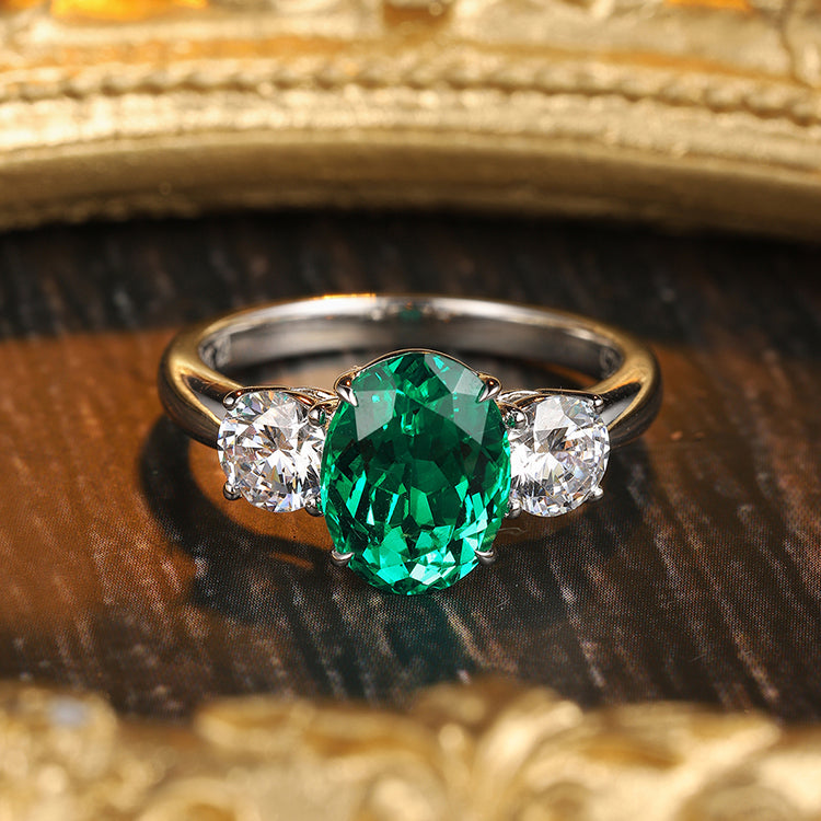 ANSTER JEWELRY 2.2 CTW Oval Lab Grown Emerald 925 18K Gold Ring plated