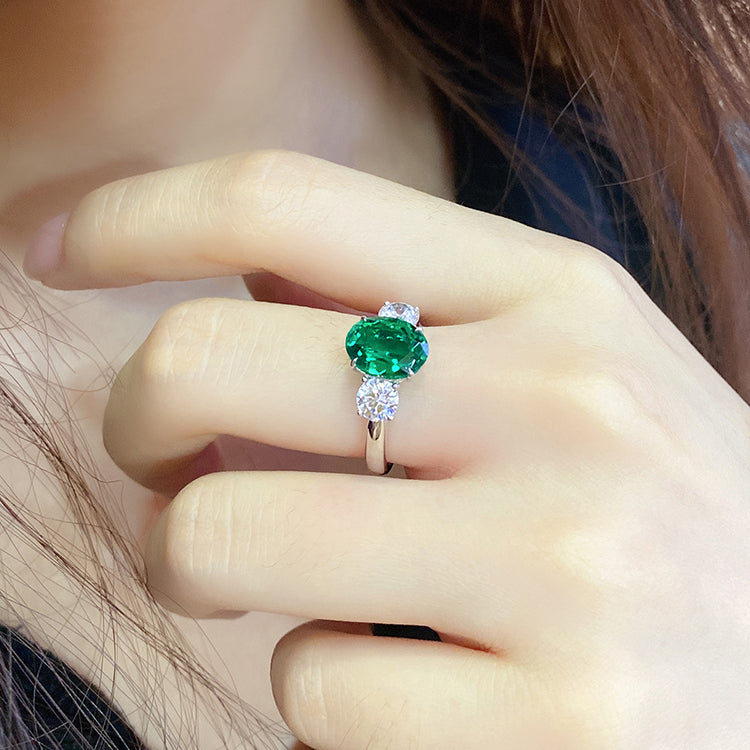 ANSTER JEWELRY 2.2 CTW Oval Lab Grown Emerald 925 18K Gold Ring plated