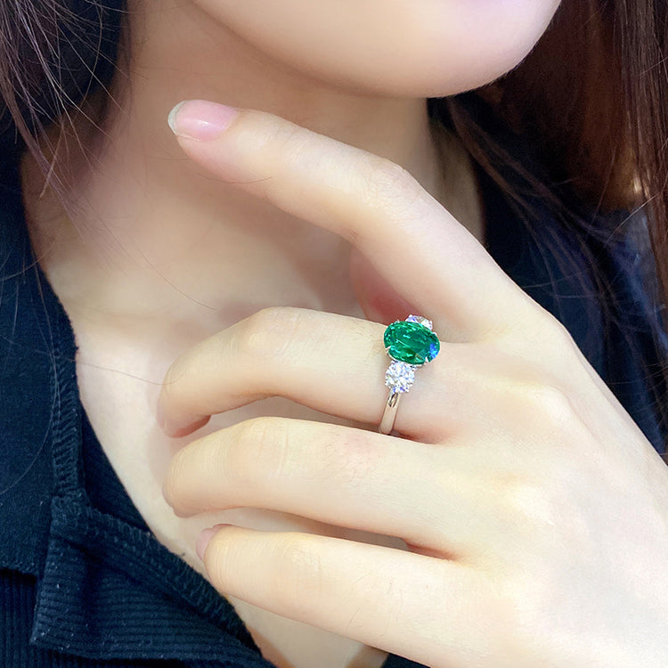 ANSTER JEWELRY 2.2 CTW Oval Lab Grown Emerald 925 18K Gold Ring plated