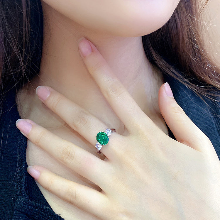 ANSTER JEWELRY 2.2 CTW Oval Lab Grown Emerald 925 18K Gold Ring plated