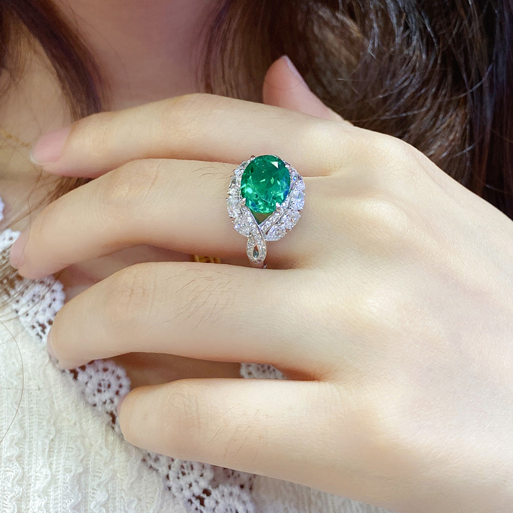 ANSTER JEWELRY 3.42 CTW Oval Lab Grown Emerald 18K Gold Ring plated Eye Design