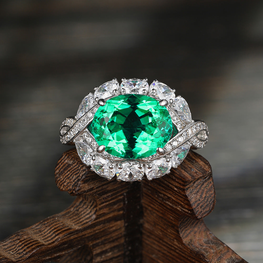 ANSTER JEWELRY 3.42 CTW Oval Lab Grown Emerald 18K Gold Ring plated Eye Design