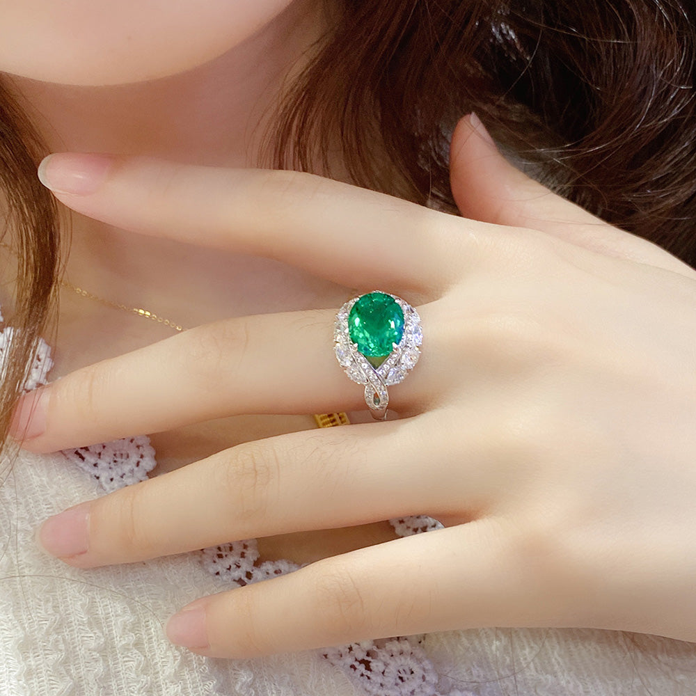 ANSTER JEWELRY 3.42 CTW Oval Lab Grown Emerald 18K Gold Ring plated Eye Design