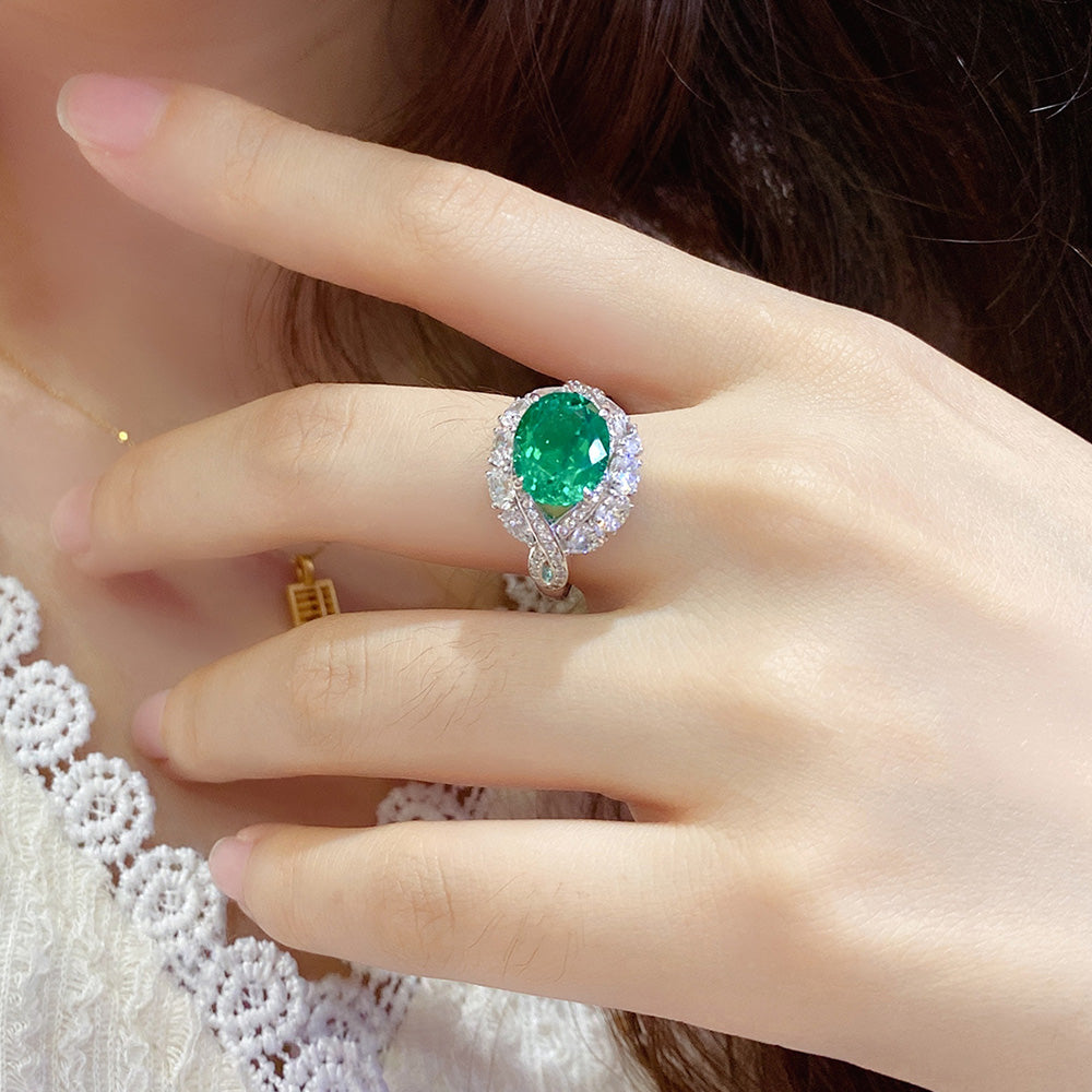 ANSTER JEWELRY 3.42 CTW Oval Lab Grown Emerald 18K Gold Ring plated Eye Design
