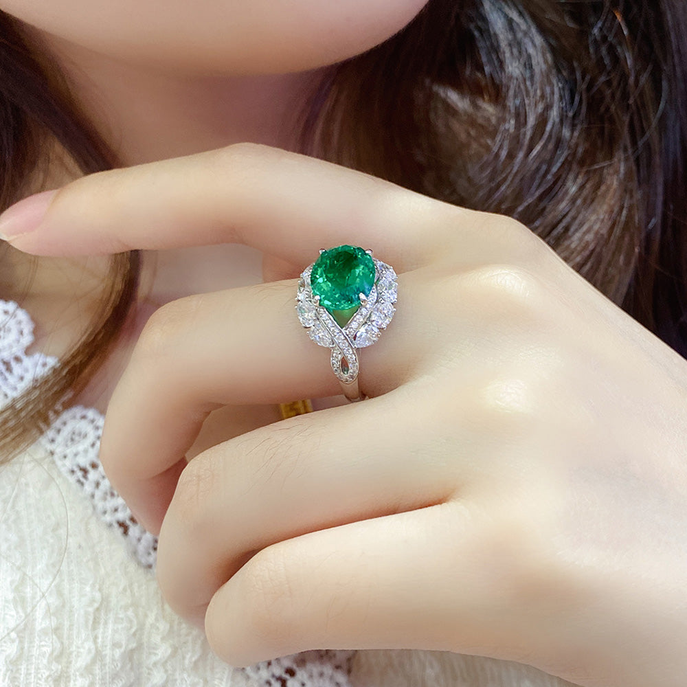 ANSTER JEWELRY 3.42 CTW Oval Lab Grown Emerald 18K Gold Ring plated Eye Design