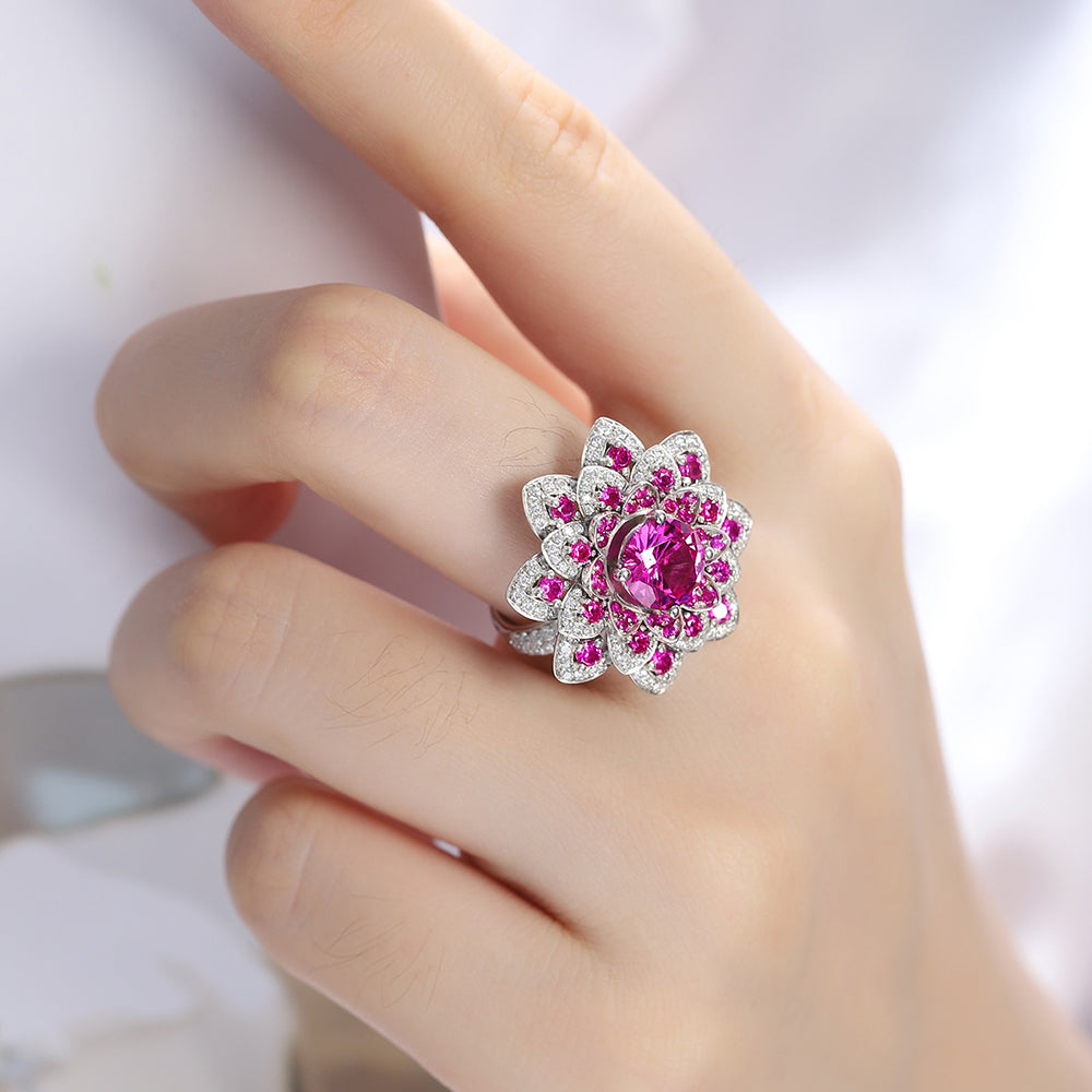 Luxury Flower S925 Silver Pink Sapphire Ring